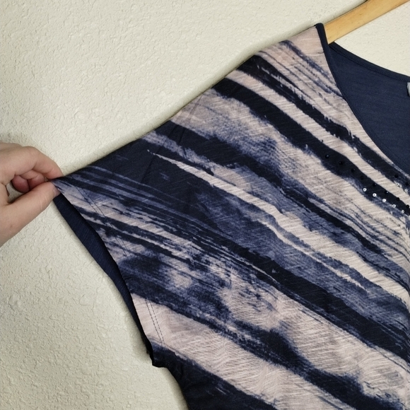 Catherines Blue Tan Striped Embellished Tee Plus Size 1X - Picture 2 of 7